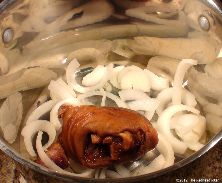 put the smoked pork hock in pot with onions