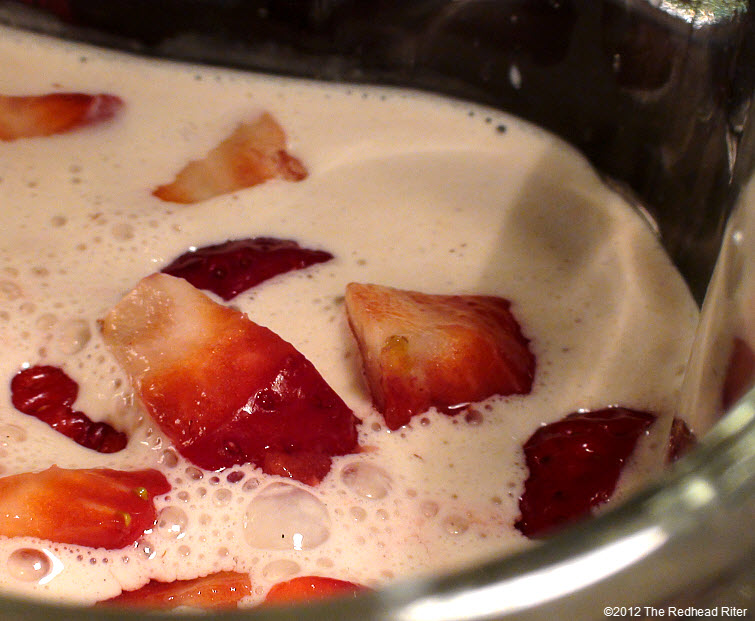 strawberries in milks mixed in blender