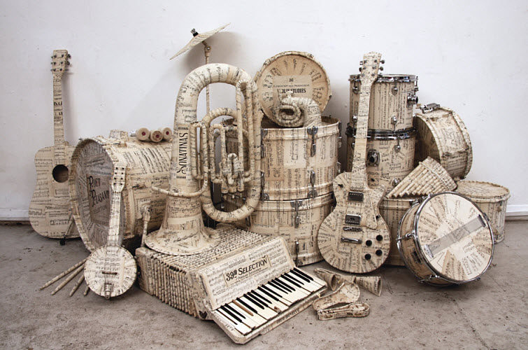 KyleBean Music manuscript covered instruments paper art