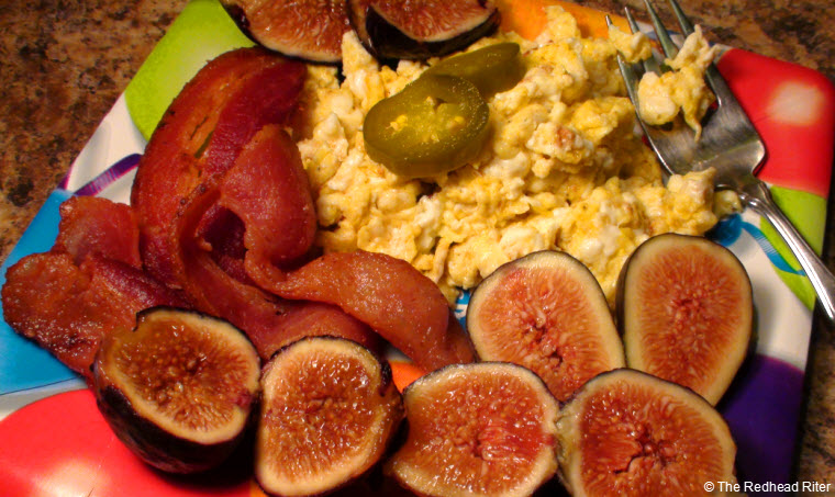 scrambled eggs bacon  figs peppers
