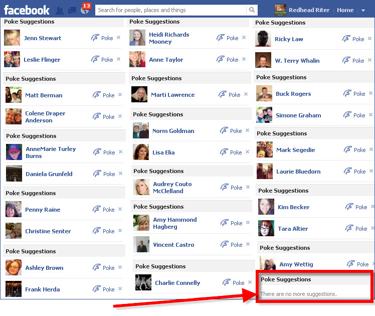Facebook poke no more suggestions