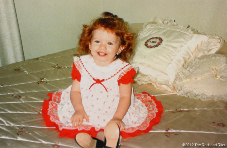 redheaded niece brittany red puffy dress satin bed
