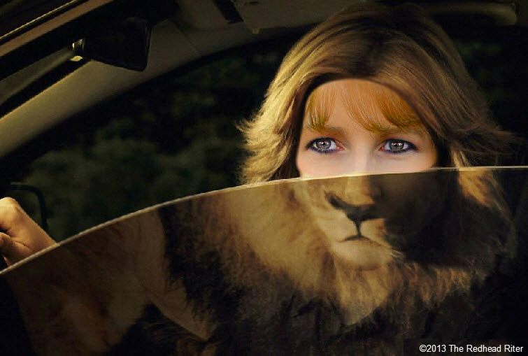 lion woman driving car determination