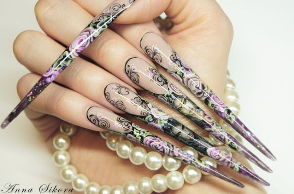 fingernail humor art pointed floral weapon pearls