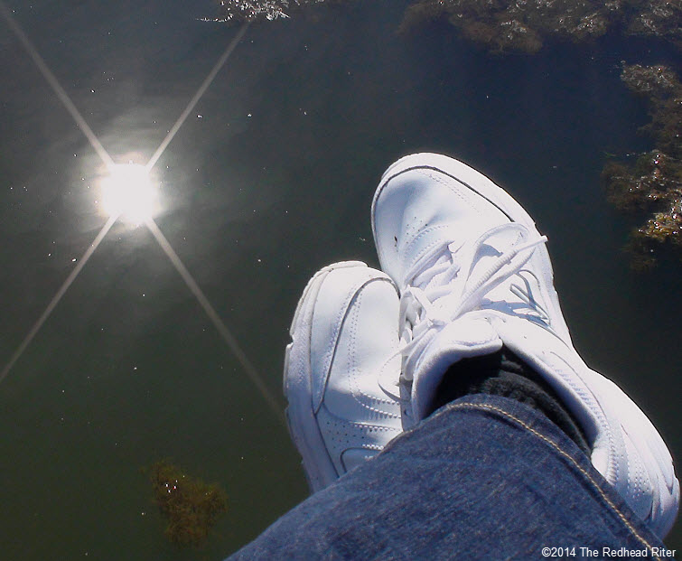 white sneakers sun reflection murky water