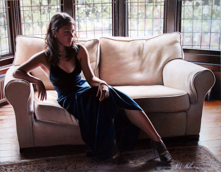 Artist Ron Hefferans Photorealistic Glamorous Oil Paintings woman couch