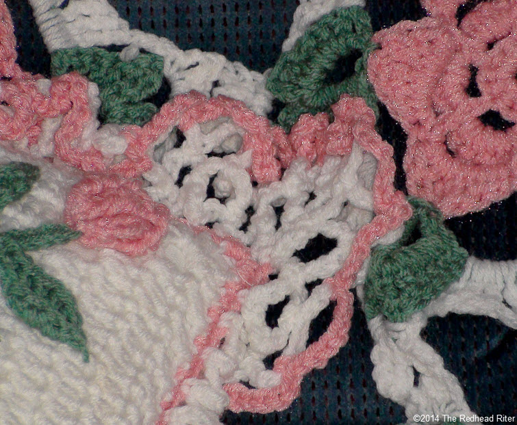crocheted afghan open bedspread topper and pillow pink white