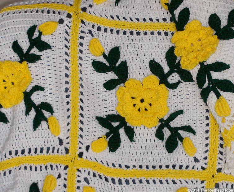 crocheted afghan yellow flowers squares bright