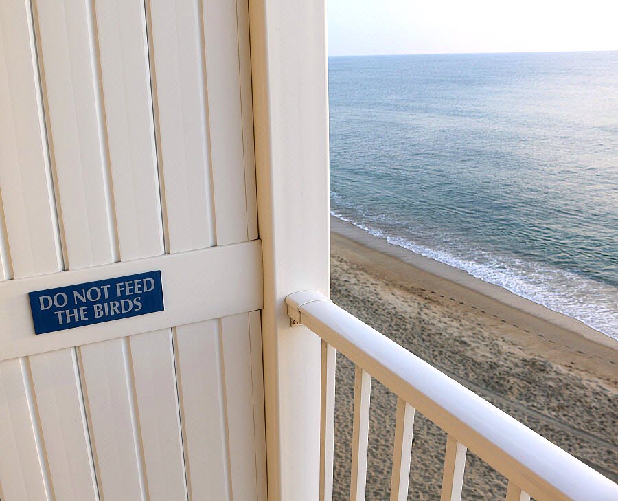 do not feed the birds sign hotel balcony ocean waves on beach