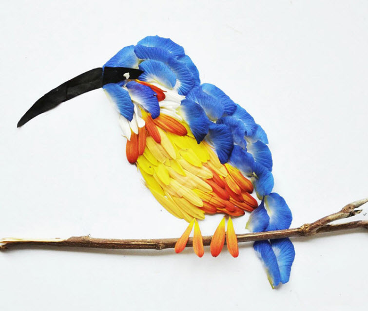 flower blue bird Artist Red Hong Yi Uses Unusual Mediums Of Feathers, Food, Sticks, Socks, Coffee And Melted Candles