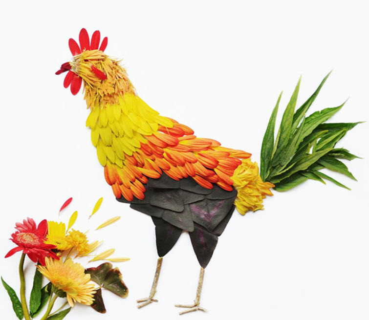 flower chicken bird Artist Red Hong Yi Uses Unusual Mediums Of Feathers, Food, Sticks, Socks, Coffee And Melted Candles